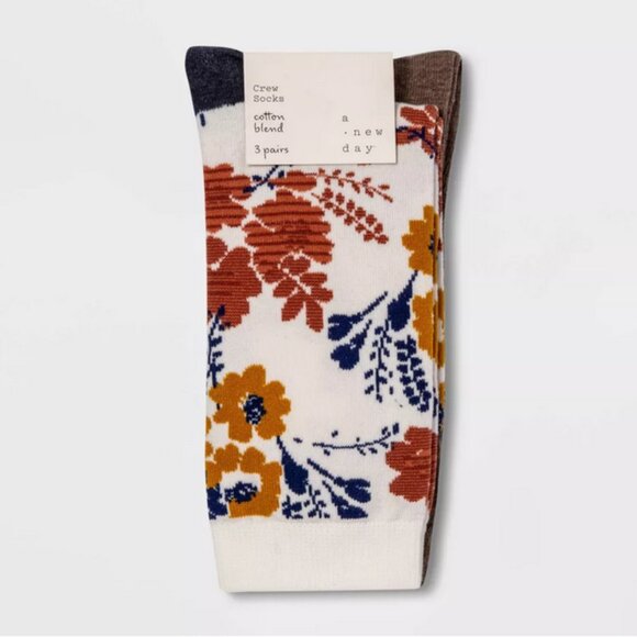 Women's Floral Print 3pk Crew Socks - A New Day™ Ivory/Heather Brown 4-10 - Picture 2 of 2